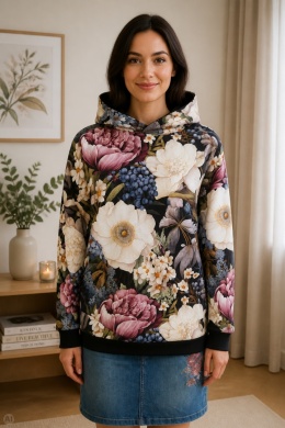 Bluza z kapturem kwiaty czarna