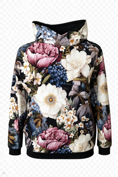 Bluza z kapturem kwiaty czarna