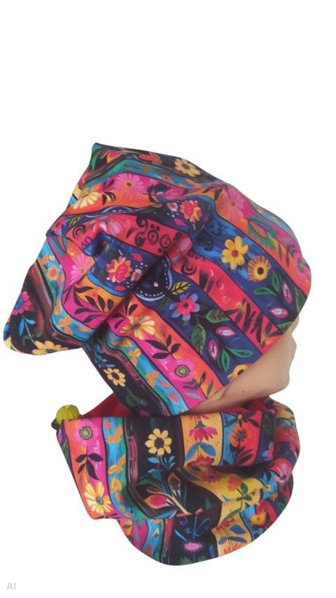 Czapka i komin kwiaty folk paski